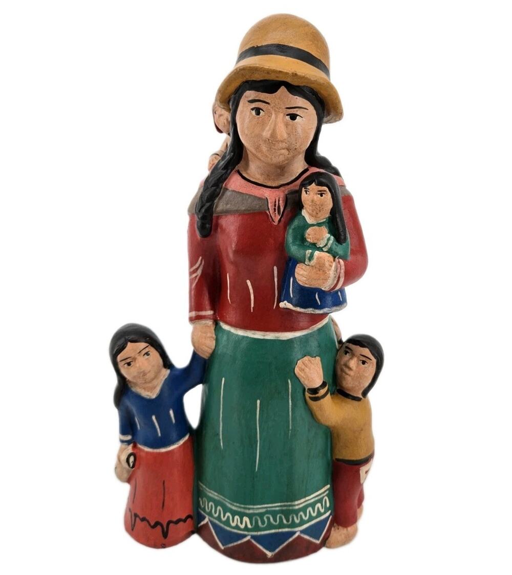 Vtg 80s Peruvian Folk Art Handmade Pottery Storyteller Woman 4 Kids Figurine